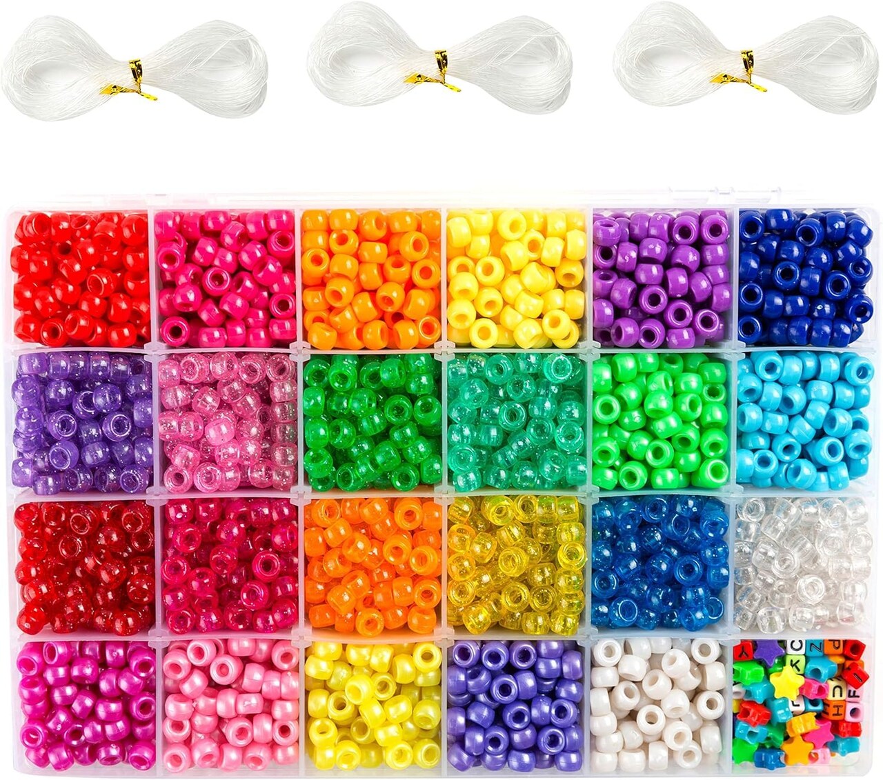 Pony Beads Set, 3300 Pcs 9mm in 23 Colors with Letter & Star Designs, Elastic String for Bracelet Jewelry Making